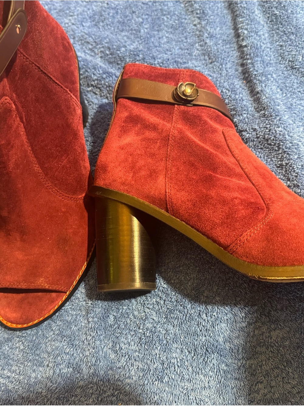 Coach Burgandy Suede Peeptoe Ankle Booties with Block Heel and Strap Detail